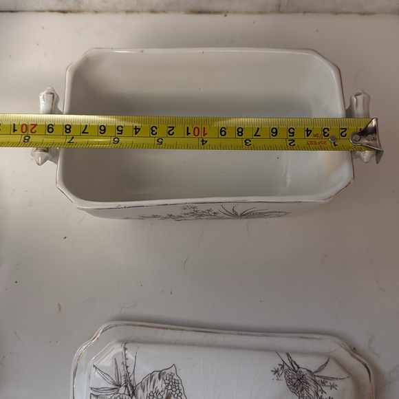 Antique white ironstone brown covered serving dish measures...